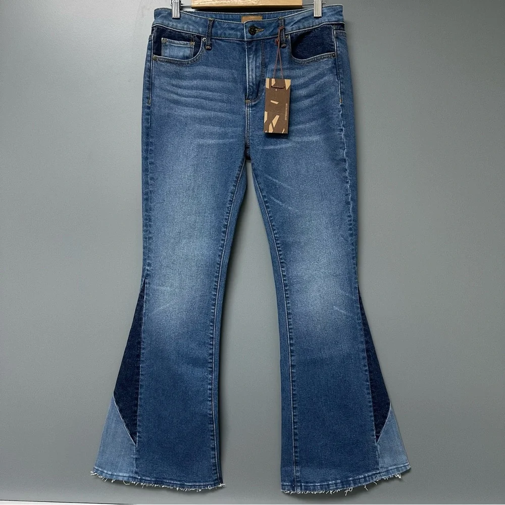 🔥SOLD🔥Driftwood Classic Fit Cleo Patchwork High Rise Flare Jeans Raw Hem - Picture 1 of 15